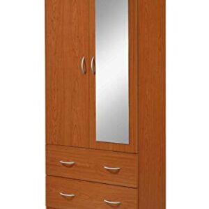 Hodedah Two Door Wardrobe with Two Drawers and Hanging Rod plus Mirror, Cherry