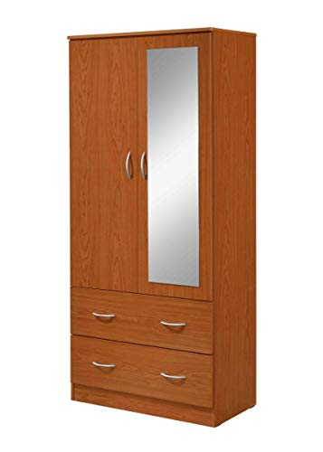 Hodedah Two Door Wardrobe with Two Drawers and Hanging Rod plus Mirror, Cherry