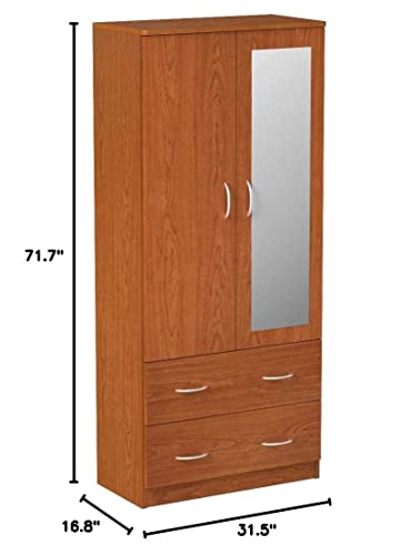Hodedah Two Door Wardrobe with Two Drawers and Hanging Rod plus Mirror, Cherry