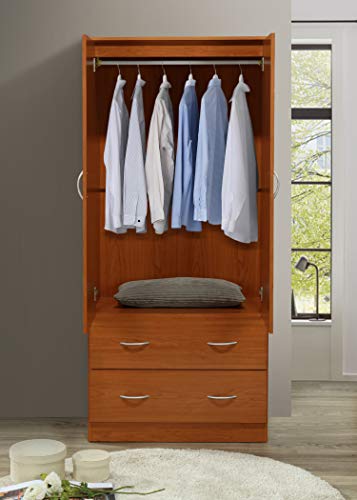 Hodedah Two Door Wardrobe with Two Drawers and Hanging Rod plus Mirror, Cherry