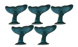 5 cast iron whale tail hooks or drawer pulls coat hat closet hall tree sea foam green color