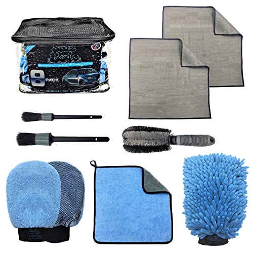 Sudz Budz Premium Microfiber Car Wash Kit 8pcs | Multipurpose Car Wash Mitts, Microfiber Towel Set, Wheel Brush, Car Detailing Brush Set. Auto Detailing Supplies for Exterior Washing Interior Cleaning