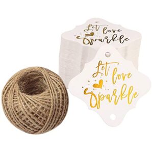 let love sparkle tags, 100pcs kraft paper gift tags with natural jute twine perfect for valentine's day, baby shower, wedding party favor (gold)