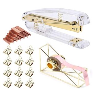 gold stapler and tape dispenser set - gold office supplies with 12 binder clips and 1000 rose gold staples, luxury acrylic gold desk accessories & decorations