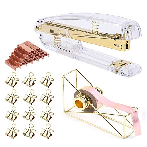 Gold Stapler and Tape Dispenser Set - Gold Office Supplies with 12 Binder Clips and 1000 Rose Gold Staples, Luxury Acrylic Gold Desk Accessories & Decorations