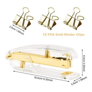 Gold Stapler and Tape Dispenser Set - Gold Office Supplies with 12 Binder Clips and 1000 Rose Gold Staples, Luxury Acrylic Gold Desk Accessories & Decorations