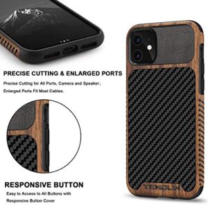 TENDLIN Compatible with iPhone 11 Case Wood Grain with Carbon Fiber Texture Design Leather Hybrid Case