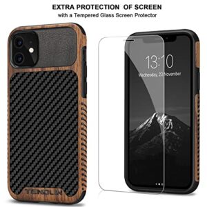 TENDLIN Compatible with iPhone 11 Case Wood Grain with Carbon Fiber Texture Design Leather Hybrid Case