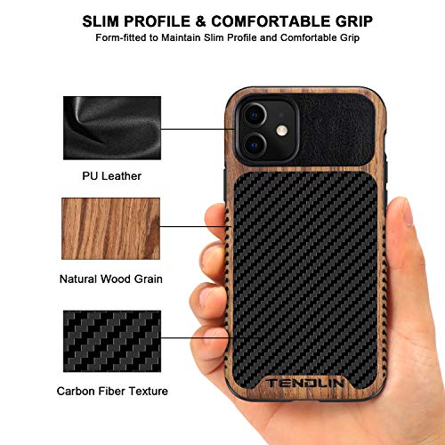 TENDLIN Compatible with iPhone 11 Case Wood Grain with Carbon Fiber Texture Design Leather Hybrid Case