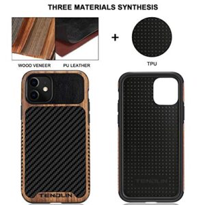 TENDLIN Compatible with iPhone 11 Case Wood Grain with Carbon Fiber Texture Design Leather Hybrid Case