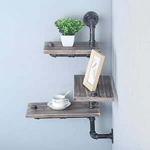 Industrial Pipe Wall Mount 3-Tiers Bookshelf, Metal&Wood Corner Shelves,DIY Storage Shelving Rustic Floating Shelves,Home Decor Shelves,Retro Gray