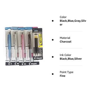 (4) Pilot Dr. Grip Limited Retractable Rolling Ball Gel Pen, Fine Point, Metallic Mauve Barrel, Metallic Ice Blue Barrel, Silver Barrel, Charcoal Gray Metallic Barrel,Black Ink, 2 Black Refill