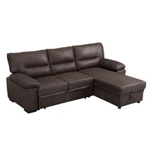 bowery hill contemporary saddle brown microfiber reversible sleeper sectional sofar with storage