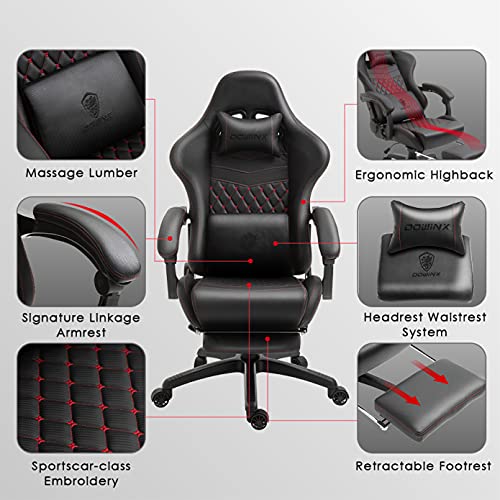 Dowinx Gaming/Office PC Chair with Massage Lumbar Support, Vintage Style PU Leather High Back Adjustable Swivel Task Chair with Footrest (Black and Red)