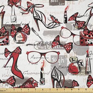 lunarable fashion fabric by the yard, high heels bags and perfume glasses cool beauty items specled ribbon glamour, stretch knit fabric for clothing sewing and arts crafts, 3 yards, black taupe