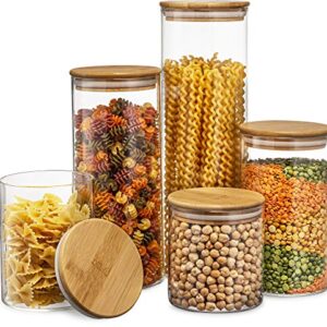 Sugar Packet holder Canister Set of 5, Glass Kitchen Canisters with Airtight Bamboo Lid, Glass Storage Jars for Kitchen, Bathroom and Pantry Organization Ideal for Flour, Sugar, Coffee, Cookie Jar, Candy, Snack and More