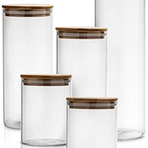 Sugar Packet holder Canister Set of 5, Glass Kitchen Canisters with Airtight Bamboo Lid, Glass Storage Jars for Kitchen, Bathroom and Pantry Organization Ideal for Flour, Sugar, Coffee, Cookie Jar, Candy, Snack and More