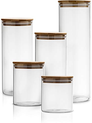 Sugar Packet holder Canister Set of 5, Glass Kitchen Canisters with Airtight Bamboo Lid, Glass Storage Jars for Kitchen, Bathroom and Pantry Organization Ideal for Flour, Sugar, Coffee, Cookie Jar, Candy, Snack and More