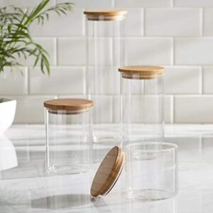 Sugar Packet holder Canister Set of 5, Glass Kitchen Canisters with Airtight Bamboo Lid, Glass Storage Jars for Kitchen, Bathroom and Pantry Organization Ideal for Flour, Sugar, Coffee, Cookie Jar, Candy, Snack and More