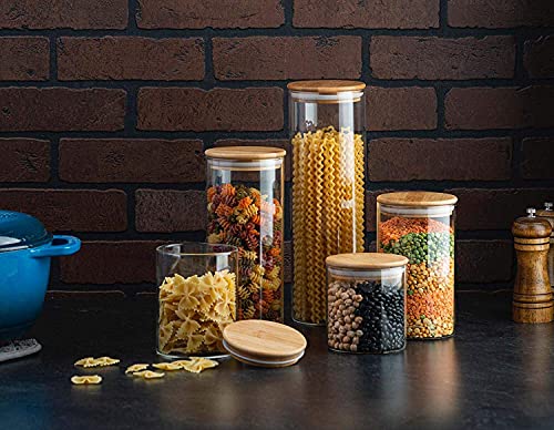 Sugar Packet holder Canister Set of 5, Glass Kitchen Canisters with Airtight Bamboo Lid, Glass Storage Jars for Kitchen, Bathroom and Pantry Organization Ideal for Flour, Sugar, Coffee, Cookie Jar, Candy, Snack and More