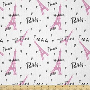 lunarable eiffel tower fabric by the yard, france paris oh la la eiffel tower hearts calligraphy doodle style artwork, stretch knit fabric for clothing sewing and arts crafts, 1 yard, black pink