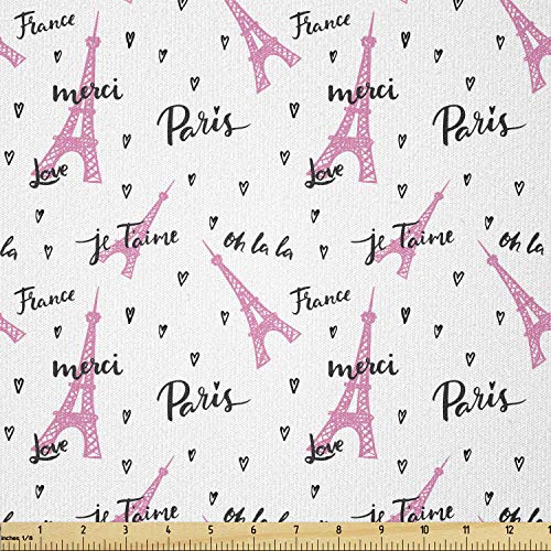 Lunarable Eiffel Tower Fabric by The Yard, France Paris Oh La La Eiffel Tower Hearts Calligraphy Doodle Style Artwork, Stretch Knit Fabric for Clothing Sewing and Arts Crafts, 1 Yard, Black Pink