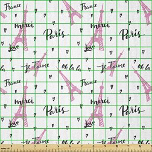 Lunarable Eiffel Tower Fabric by The Yard, France Paris Oh La La Eiffel Tower Hearts Calligraphy Doodle Style Artwork, Stretch Knit Fabric for Clothing Sewing and Arts Crafts, 1 Yard, Black Pink