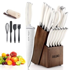 knife set,18 piece kitchen knife set with block wooden and sharpener, professional high carbon german stainless steel chef knife set, ultra sharp full tang forged white knives set