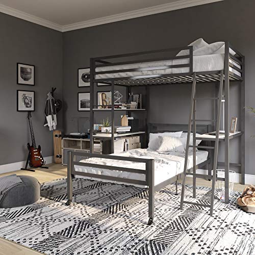 Little Seeds Nova Metal Bed w/Shelves, Twin Bunk, Gunmetal Gray Loft,