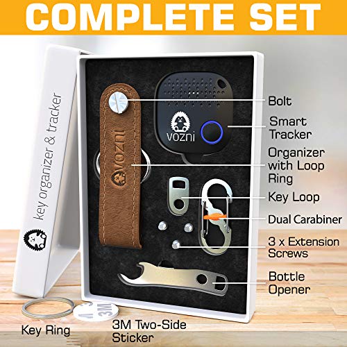 VOZNI Pro Key Organizer with Bluetooth Tag Key Finder Tracker Locator Premium Leather Key Holder Bottle Opener Dual Carabiner Loop Piece for Belt Car Keys Unique Tech Gifts for Men Women Dad New Year