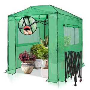 eagle peak 8x6 portable walk-in greenhouse instant pop-up indoor outdoor plant gardening green house canopy, front and rear roll-up zipper entry doors and 2 large roll-up side windows, green