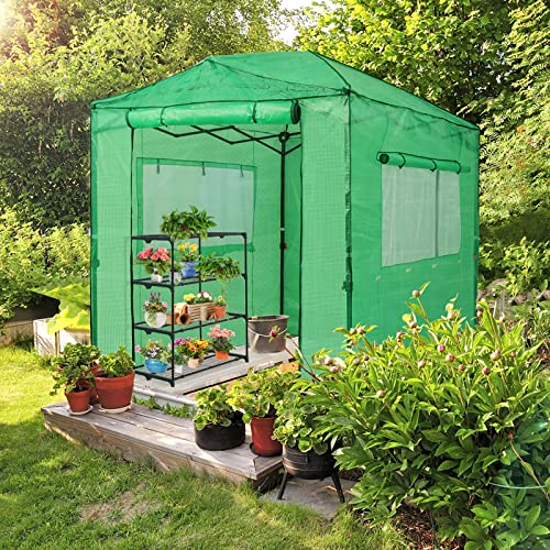 EAGLE PEAK 8x6 Portable Walk-in Greenhouse Instant Pop-up Indoor Outdoor Plant Gardening Green House Canopy, Front and Rear Roll-Up Zipper Entry Doors and 2 Large Roll-Up Side Windows, Green