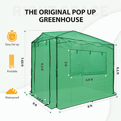 EAGLE PEAK 8x6 Portable Walk-in Greenhouse Instant Pop-up Indoor Outdoor Plant Gardening Green House Canopy, Front and Rear Roll-Up Zipper Entry Doors and 2 Large Roll-Up Side Windows, Green