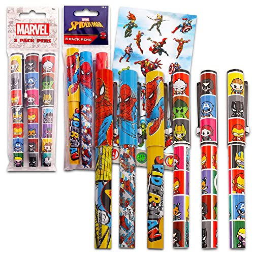 Marvel Avengers Pen Bundle Set ~ 6 Deluxe Ballpoint Gel Pens Featuring Avengers and Spiderman Plus Avengers Stickers (Avengers Office Supplies, School Supplies)