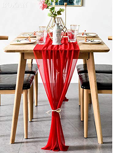 BOXAN Romantic 30x120 Inch Red Sheer Table Runner for Valentine's Day14th February, Wedding Anniversary, Marriage Proposals or Engagements Party Mother's Day Table Swag Valance Reception Decor