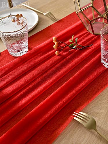 BOXAN Romantic 30x120 Inch Red Sheer Table Runner for Valentine's Day14th February, Wedding Anniversary, Marriage Proposals or Engagements Party Mother's Day Table Swag Valance Reception Decor