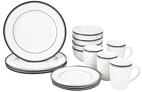 Amazon Basics 16-Piece Cafe Stripe Kitchen Dinnerware Set, Plates, Bowls, Mugs, Service for 4, Black & Non-Stick Cookware Set, Pots and Pans - 8-Piece Set