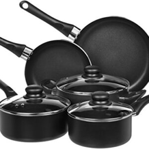 Amazon Basics 16-Piece Cafe Stripe Kitchen Dinnerware Set, Plates, Bowls, Mugs, Service for 4, Black & Non-Stick Cookware Set, Pots and Pans - 8-Piece Set