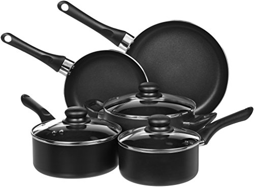 Amazon Basics 16-Piece Cafe Stripe Kitchen Dinnerware Set, Plates, Bowls, Mugs, Service for 4, Black & Non-Stick Cookware Set, Pots and Pans - 8-Piece Set