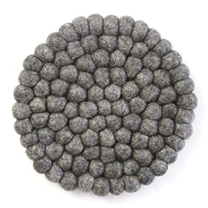 global crafts hand crafted felt ball wool trivet mat from nepal, 8" round pad, dark grey