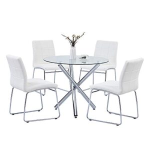 SICOTAS Round Dining Table Set for 4 - Glass Top Kitchen Table and Faux Leather Dining Chairs,Clear Circle Dining Room Table Set,Modern Breakfast Nook Table Set for Dining Room Kitchen Dinette, White