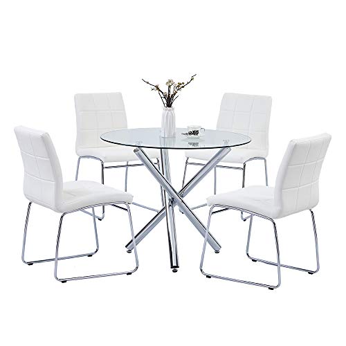 SICOTAS Round Dining Table Set for 4 - Glass Top Kitchen Table and Faux Leather Dining Chairs,Clear Circle Dining Room Table Set,Modern Breakfast Nook Table Set for Dining Room Kitchen Dinette, White