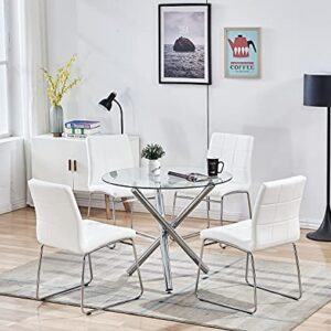 SICOTAS Round Dining Table Set for 4 - Glass Top Kitchen Table and Faux Leather Dining Chairs,Clear Circle Dining Room Table Set,Modern Breakfast Nook Table Set for Dining Room Kitchen Dinette, White
