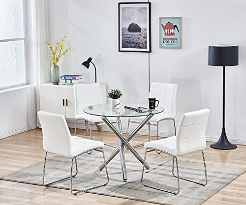 SICOTAS Round Dining Table Set for 4 - Glass Top Kitchen Table and Faux Leather Dining Chairs,Clear Circle Dining Room Table Set,Modern Breakfast Nook Table Set for Dining Room Kitchen Dinette, White