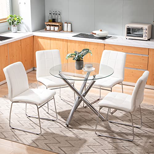 SICOTAS Round Dining Table Set for 4 - Glass Top Kitchen Table and Faux Leather Dining Chairs,Clear Circle Dining Room Table Set,Modern Breakfast Nook Table Set for Dining Room Kitchen Dinette, White