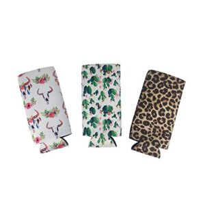 3pcs Neoprene Slim Can Sleeves Covers Collapsible Beer Beverage Coolers for 12oz Slim Energy Drink,Beer,Bottle (Leopard)