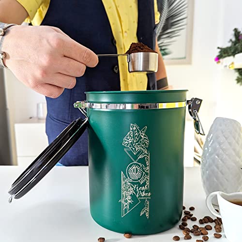 CafetastiQ Coffee Canister - New 2022 Extra Large 38OZ Beans/ 35oz Grounds Airtight Coffee Container for Storage with Date Dial and Release Valve - Accessories Scoop (Fresh Vibes)