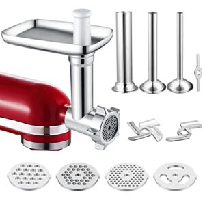 meat grinder attachment for kitchenaid stand mixers, accessories included 3 sausage stuffer tubes and 4 grinding plates, metal food grinder accessories by ivict