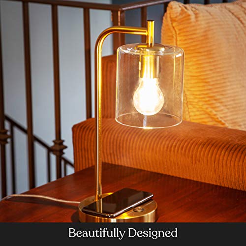 Brightech Elizabeth Table Lamp with Wireless Charging Pad and USB Port, Bedside Reading Lamp, Vintage Brass Gold Desk Lamp, Nightstand Lamp with LED Bulb for Bedroom, Living Room, Office