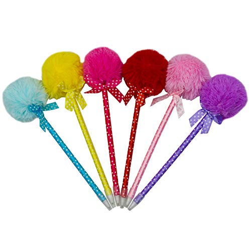 Maydahui 12PCS Pom Pom Ballpoint Pen Cute Kawaii Fluffy Ball Pens Bowknot Polka Dot Blue Gel Ink for School Girls Valentine's Day